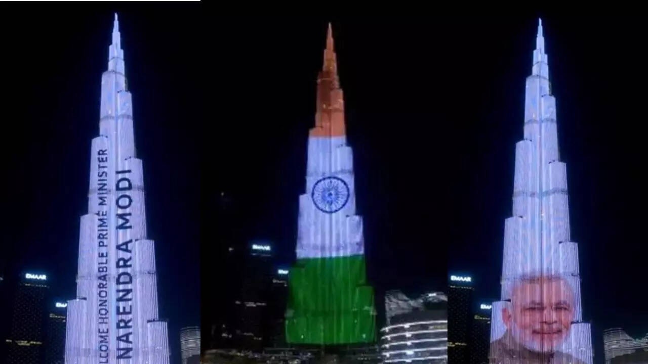 Dubai's Burj Khalifa lit up with "Guest of Honor -Republic of India" ,ahead of PM Modi's address to the World Govt Summit on Wednesday.(14th February, 2024)